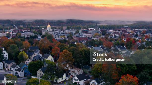 Aerial Of Residential Community In Concord New Hampshire With State House In Distance Stock Photo - Download Image Now
