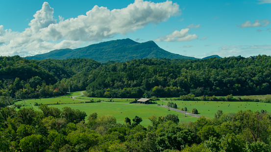 Aerial shots of rural scenery outside Pigeon Forge, a popular vacation destination in Sevier County, Tennessee, close to Great Smoky Mountains National Park.
