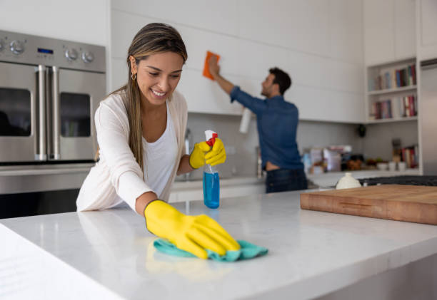 Happy couple at home cleaning the kitchen