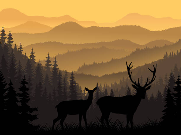 鹿のシルエットを持つ山をベクトルする - maine landscape new england forest点のイラスト素材／クリップアート素材／マンガ素材／アイコン素材