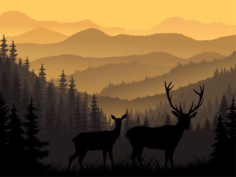 vector mountains with silhouettes of deers