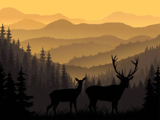 Vector illustration of vector mountains with silhouettes of deers