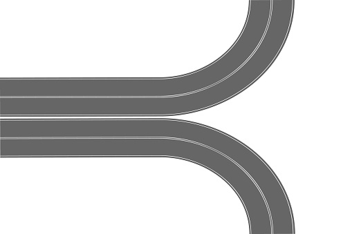 Two asphalt roads turning in different sides. Aerial top view. Highway part with marking isolated on white background. Roadway element for city map. Vector flat illustration
