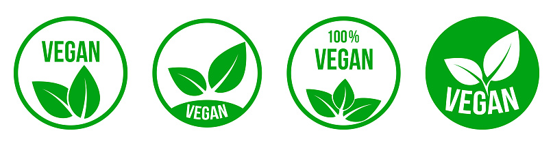 Vegan icon set. Organic, bio, eco symbols. Vegan food sign with leaves. Vector illustration isolated on white background