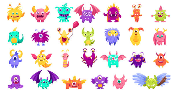 süße kleine monster mit verschiedenen augen, flügeln, hörnern. fröhliche glückliche gesicht emotionen. kinder handgezeichnete vektorillustration für babyparty, raumgestaltung und kartenvorlagen. - monster stock-grafiken, -clipart, -cartoons und -symbole