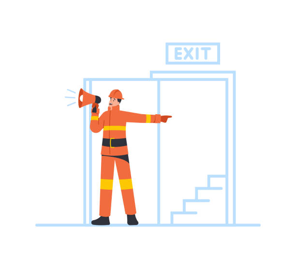 Alert for Building Office Escape in Life-threatening Situation. Fireman with Loudspeaker Announce Fire Evacuation Alert for Building Office Escape in Life-threatening Situation. Fireman Character with Loudspeaker Announce Fire Emergency Evacuation Alarm Stand at Open Door with Ladder. Cartoon Vector Illustration professional runner stock illustrations