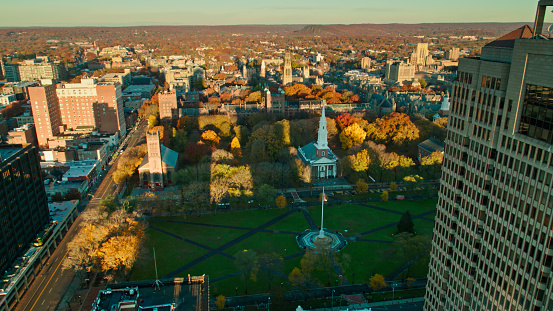Aerial shot of New Haven, Connecticut at sunrise on a Fall morning. 

Authorization was obtained from the FAA for this operation in restricted airspace.