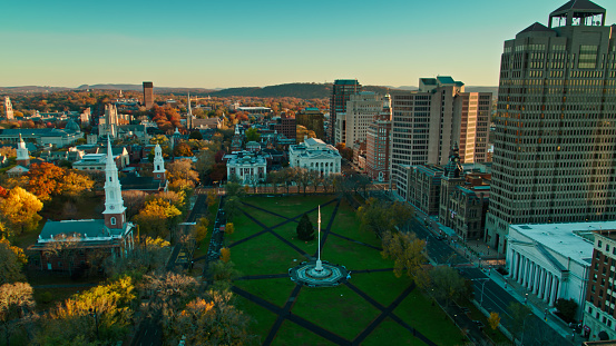 Aerial shot of New Haven, Connecticut at sunrise on a Fall morning. 

Authorization was obtained from the FAA for this operation in restricted airspace.