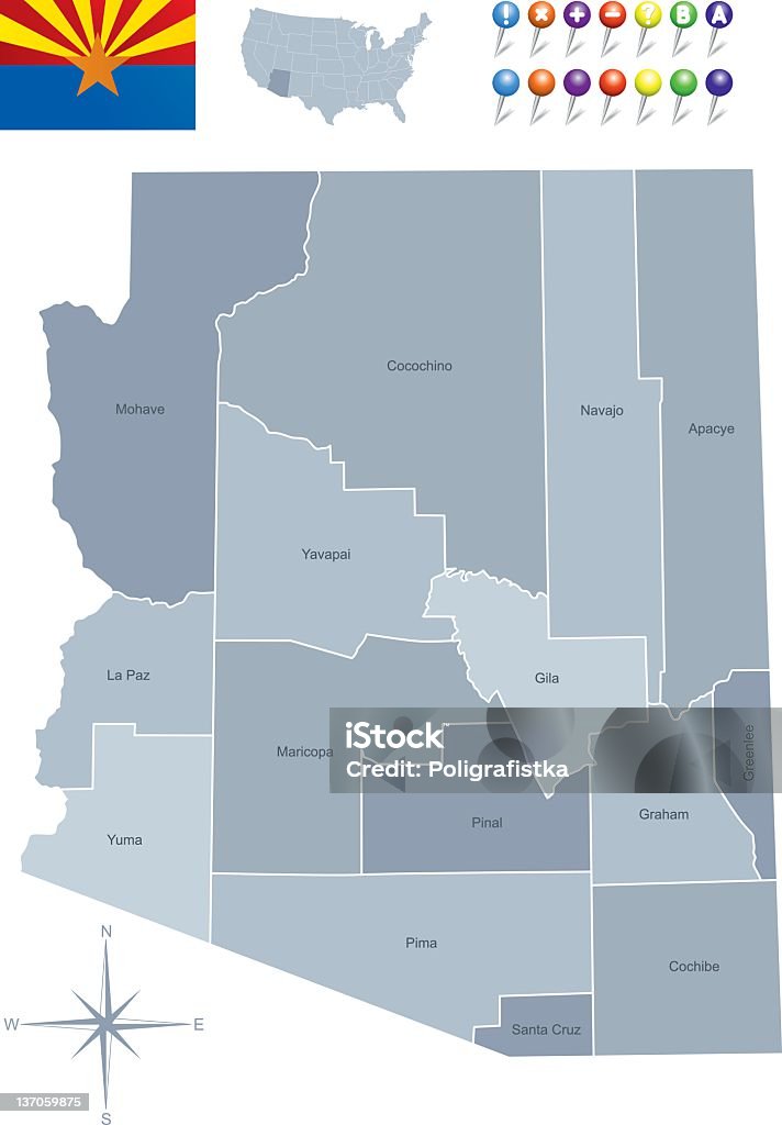 Carte de l'Arizona, avec son drapeau - clipart vectoriel de Amérique du Nord libre de droits