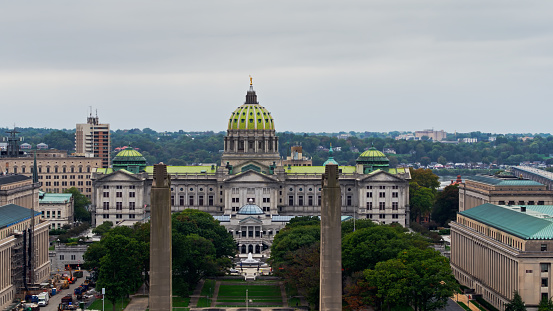 Aerial shot of the Pennsylvania State Capitol Building in Harrisburg on a rainy and overcast day in Fall.    \n\nAuthorization was obtained from the FAA for this operation in restricted airspace.
