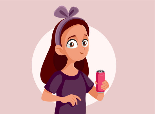 Teen Girl Drinking from Soda Can Vector Cartoon Illustration Young teenager having a soft carbonated drink from metallic container thirst quenching stock illustrations