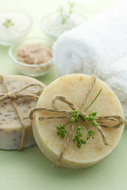 istock Bars of soap with bath salt and towels 137060666