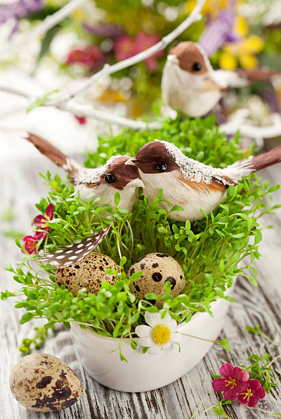 Easter decoration with birds and eggs on the  cress