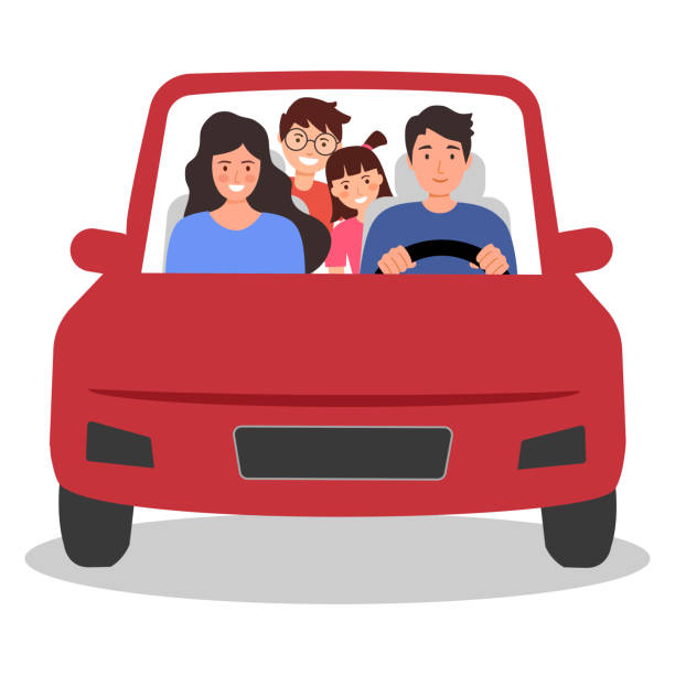 ilustraciones, imágenes clip art, dibujos animados e iconos de stock de coche familiar conducción vista frontal en diseño plano sobre fondo blanco. viaje en familia. - family in car