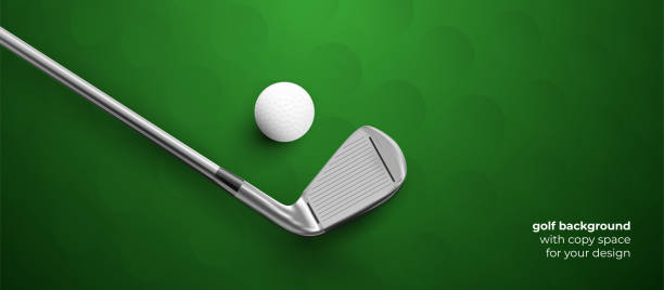 ilustraciones, imágenes clip art, dibujos animados e iconos de stock de palo de golf y pelota con sombras sobre fondo verde - golf club golf golf course equipment