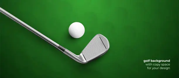 Vector illustration of Golf club and ball with shadows on green background