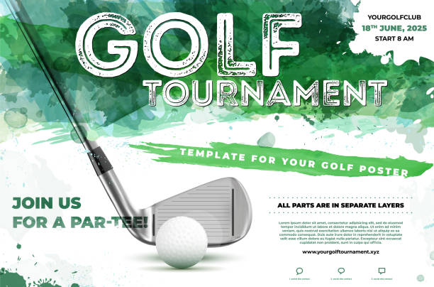 ilustraciones, imágenes clip art, dibujos animados e iconos de stock de plantilla de póster de acuarela de golf con texto de muestra en una capa separada - golf