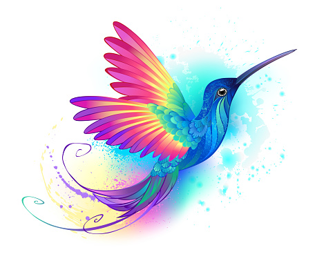 Bright, iridescent, exotic flying hummingbird on  white background, painted over with multicolor, watercolor paint. Rainbow hummingbird.