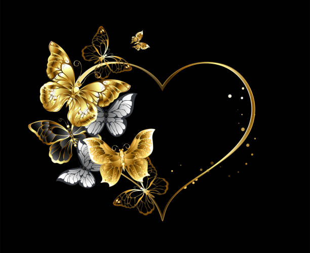Heart with golden butterflies Gold heart shaped frame, decorated with gold, jewelry and white butterflies on black background. steampunk fashion stock illustrations
