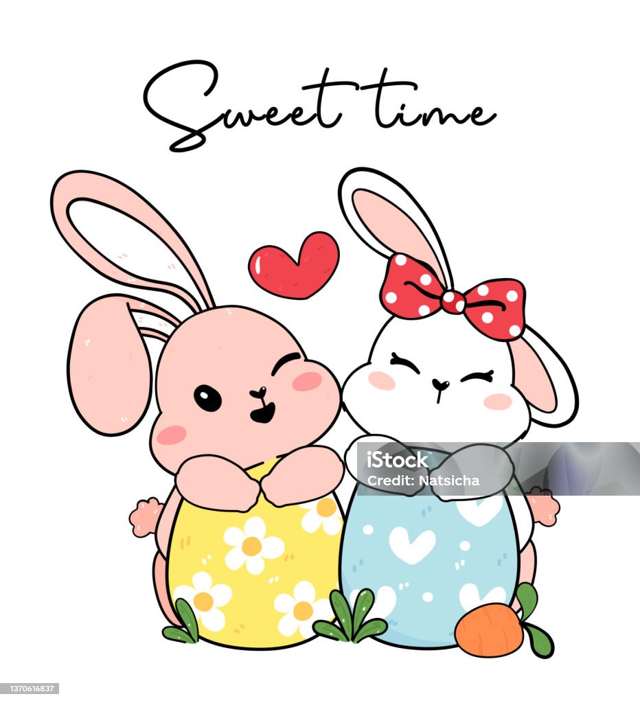 Two Couple Cute Friendship Baby Bunny Rabbith White And Pink Hug ...