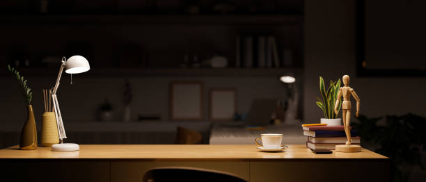 istock Modern luxury office space or workstation with copy space on wooden table 1370619325