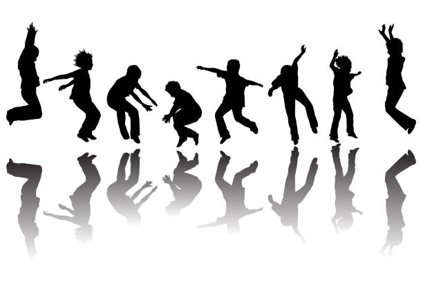 ilustrações de stock, clip art, desenhos animados e ícones de silhouettes of kids jumping isolated on white background with shadows - silhuetas de crianças