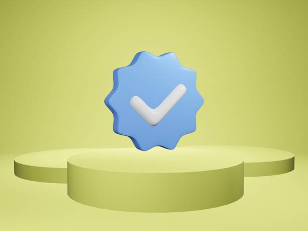 Simple 3D Rendering of blue check mark or profile verified badge on green background stock photo