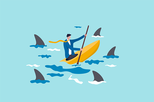 Risk taker, challenge to success, overcome difficulty or problem in crisis or entrepreneurship, determination or adversity concept, confidence businessman sailing kayak ship among danger risky sharks.