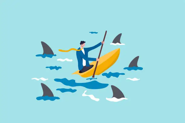 Vector illustration of Risk taker, challenge to success, overcome difficulty or problem in crisis or entrepreneurship, determination or adversity concept, confidence businessman sailing kayak ship among danger risky sharks.