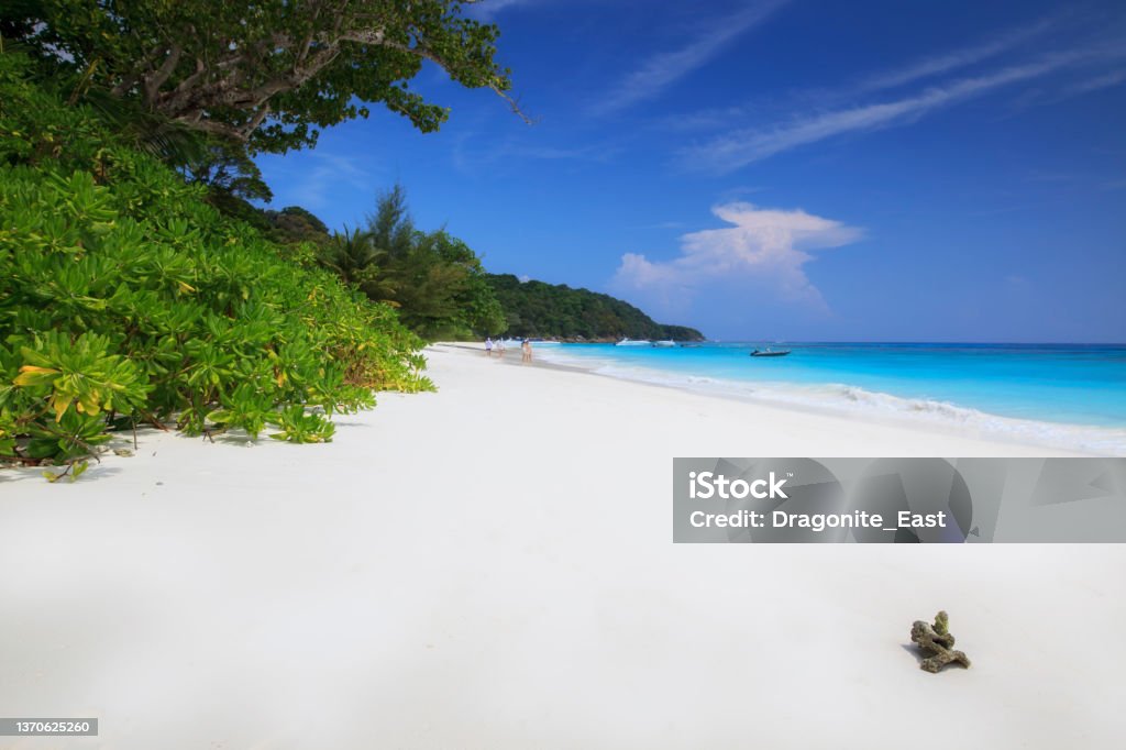 Tropical white sand beach and turquoise clear water of Andaman sea in Koh Tachai, Phang Nga Province, Thailand Phang-Nga Province Stock Photo