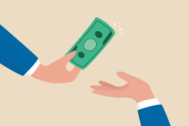 Vector illustration of Borrow money from friend, debt and loan, incentive or bonus payment, credit or lending concept, businessman hand giving money banknote to friend's hand.