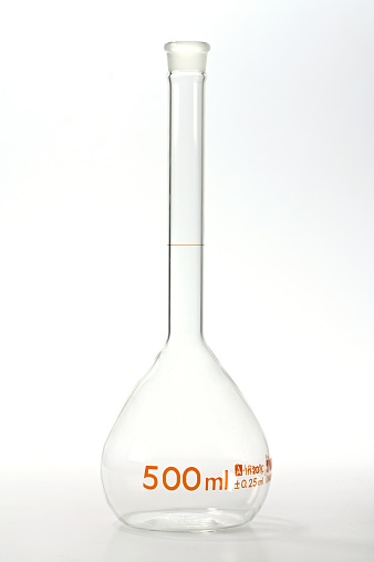 Chemical laboratory glassware, volumetric flask with white background