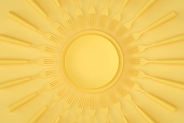 Minimal kitchen restaurant concept with kitchen utensils on yellow background.
