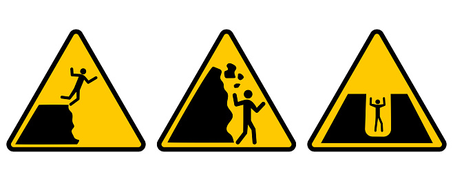 Warning sign rocks cliff. Set of yellow warning signs. Vector illustration. stock image. EPS 10.