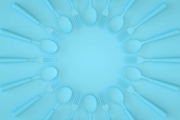 istock Minimal restaurant food concept kitchen utensils blue background 1370634729