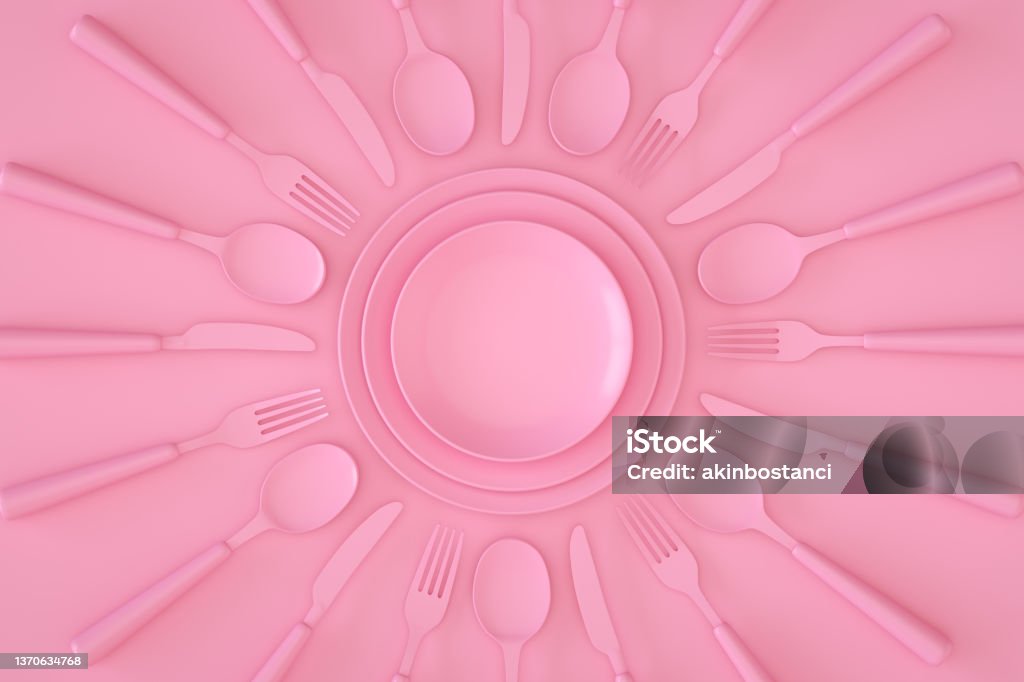 Minimal restaurant food concept kitchen utensils pink background Minimal kitchen restaurant concept with kitchen utensils on pink background. Food Stock Photo