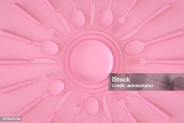 Minimal Restaurant Food Concept Kitchen Utensils Pink Background Stock Photo - Download Image Now