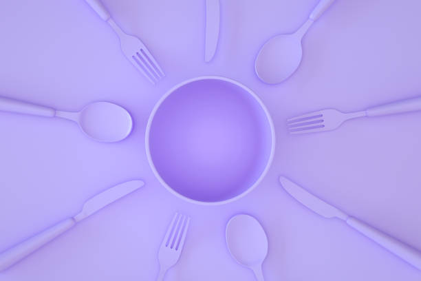 Minimal kitchen restaurant concept with kitchen utensils on purple background.