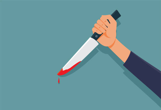 ilustrações de stock, clip art, desenhos animados e ícones de murderer holding a bloody knife in horror scene vector illustration - killing