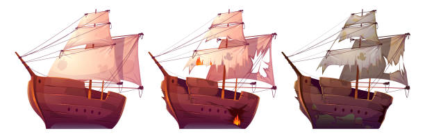 木製船、白帆で孤立した木製ボート - shipwreck点のイラスト素材／クリップアート素材／マンガ素材／アイコン素材
