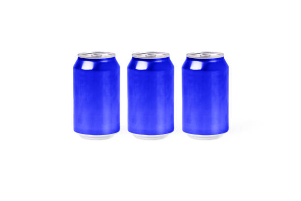 istock Three blue colored aluminum cans on a white background. Drink concept 1370635792