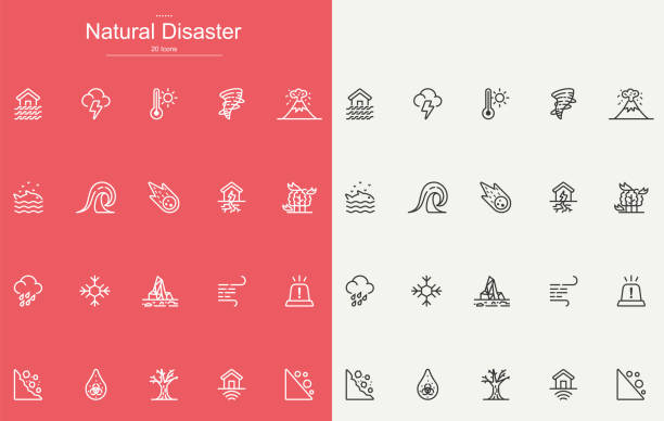 ilustraciones, imágenes clip art, dibujos animados e iconos de stock de diseño de iconos de línea de desastres naturales - white background support assistance safety