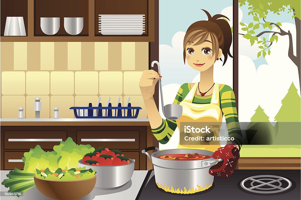 Housewife cooking A vector illustration of a housewife cooking in the kitchen Cooking stock vector