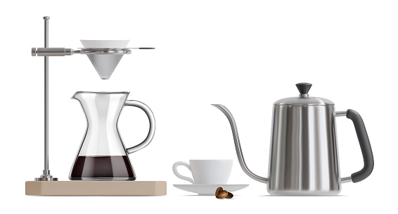 Realistic Detailed 3d Coffee Brewing Gadgets Set Include of Glass Pour-over Drip Kettle and Cup. Vector illustration