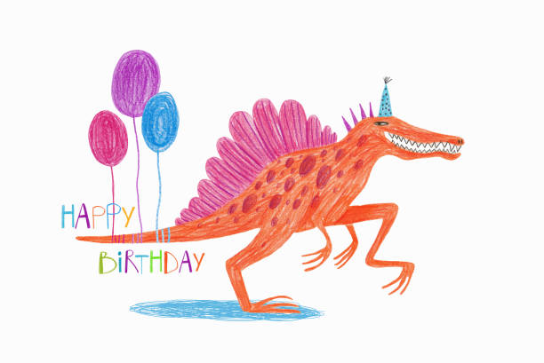 Funny birthday card with Spinosaurus dinosaur Kids illustration with Spinosaurus dinosaur. Funny birthday card or nursery poster. Hand drawn with colored pencils. dinosaur birthday stock illustrations