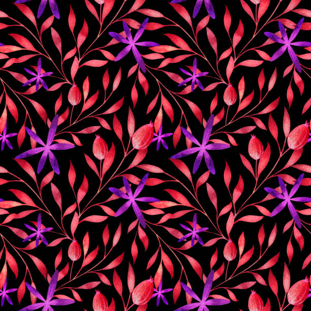 blätter und blüten nach schwarzem muster - blossom florescence flower wallpaper pattern stock-grafiken, -clipart, -cartoons und -symbole