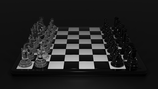 Chessboard with figures. Step by step to success through strategic decisions.