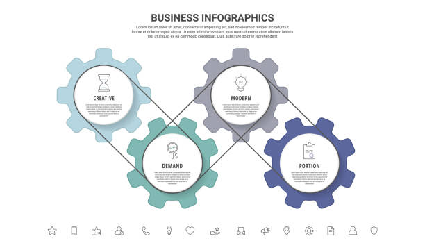 wektorowe koła infograficzne z 4 krokami. nowoczesna oś czasu z kołami zębatymi dla koncepcji biznesowej, wykresu, diagramu, strony internetowej, banera, prezentacji, schematu blokowego, poziomów - gear machine part wheel four objects stock illustrations