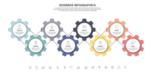 8つのステップのベクトルインフォグラフィックギア。ビジネスコンセプト、チャート、図、ウェブ、バナー、プレゼンテーション、フローチャート、レベルのためのコホイールを備えた最新 - gear gearshift industry backgrounds点のイラスト素材／クリップアート素材／マンガ素材／アイコン素材
