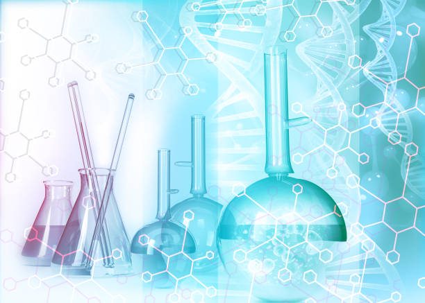Chemistry lab equipment on scientific background. 3d illustration